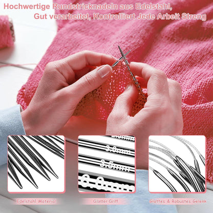 Rundstricknadel Set Edelstahl 9tlg. 2,0-6,0mm für Strickprojekte