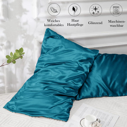 Satin Kissenbezug 2er Set 40x70 Blaugrün mit Haargummis