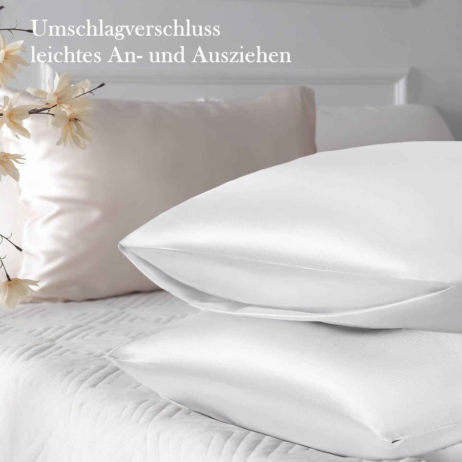 Satin Kissenbezug 70x40 Weiß 2er-Set Haargummis Inklusive