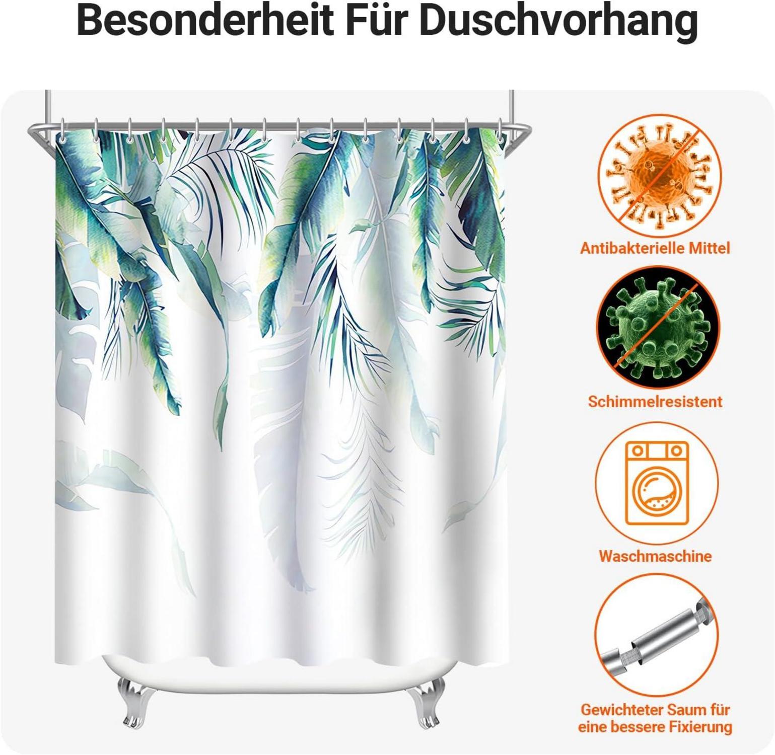 Duschvorhang 200x200cm Grün Blätter Wasserdicht Beschwert Saum Ösen 12 Ringe