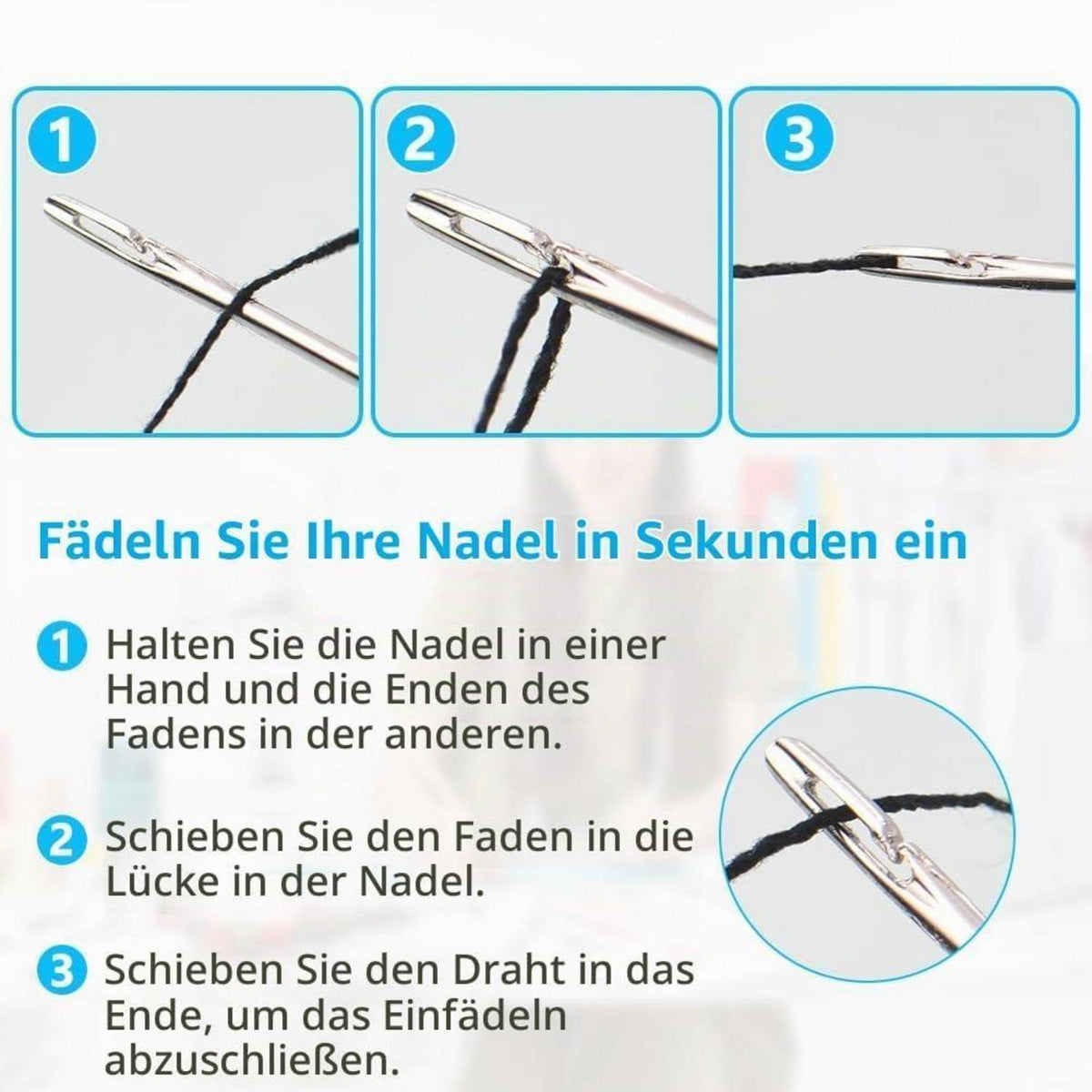Selbsteinfädelnde Nadeln Set mit Nadelkasten – 30 Stück, 6 Größen