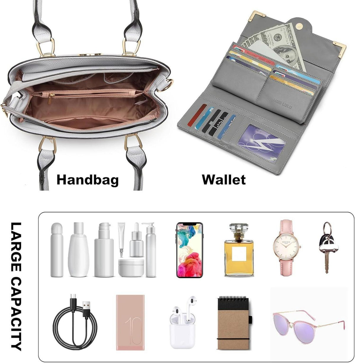 Miss Lulu Damen Handtasche Mittelgroß Hellgrau Geldbörse Set