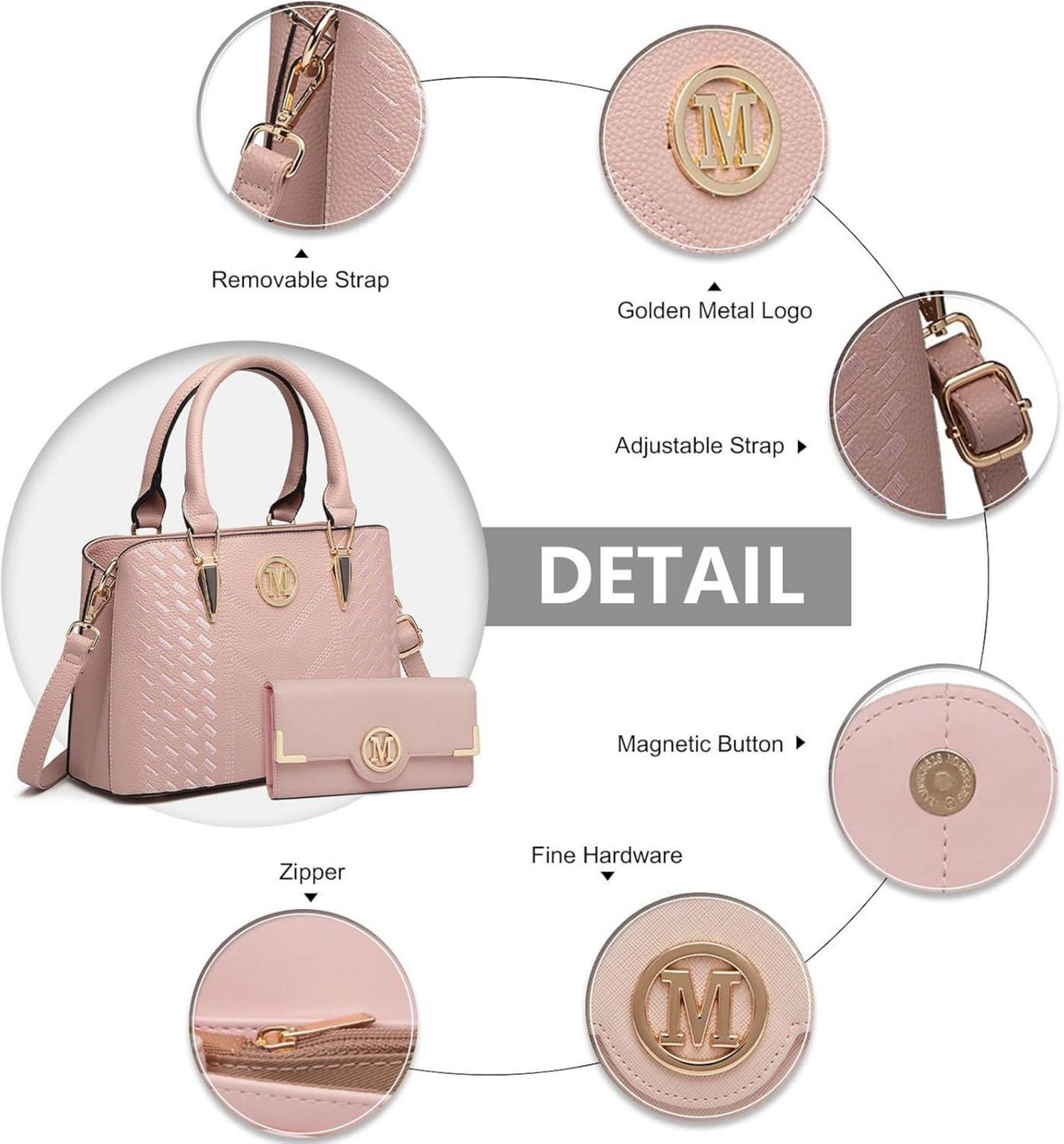 Miss Lulu Damen Handtasche Set Rosa PU Leder Geldbörse