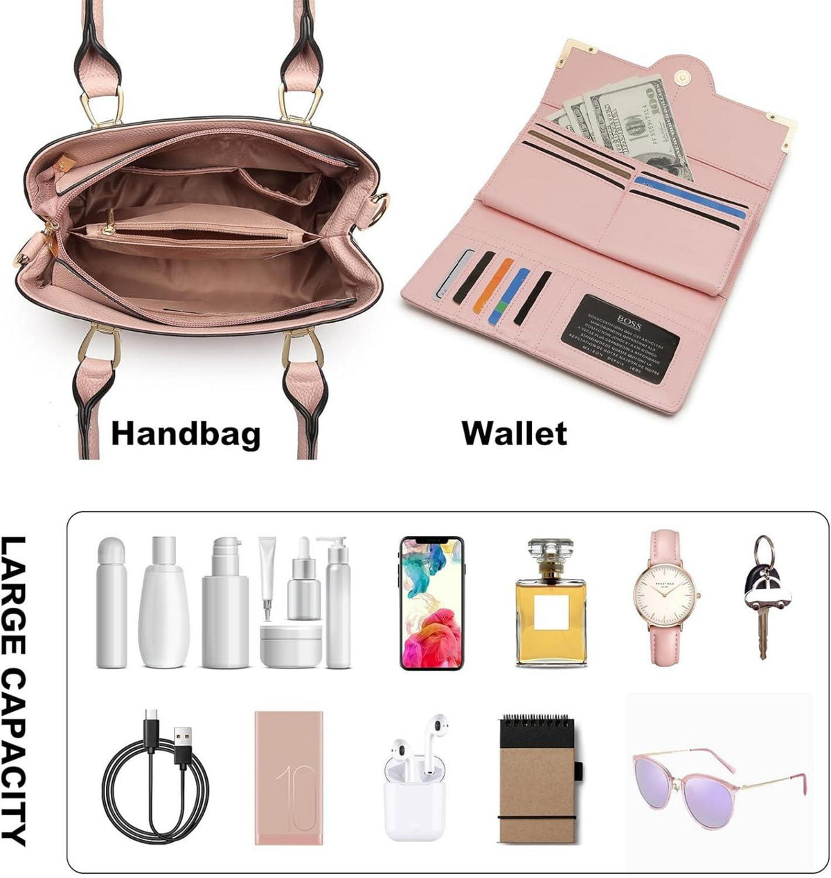 Rosa Handtasche Set Damen Shopper Geldbörse PU-Leder Vintage