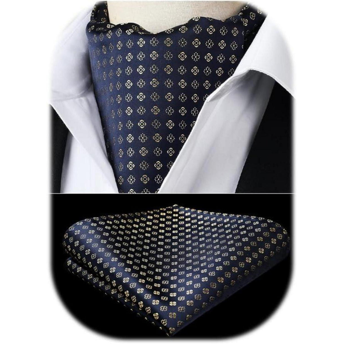 Herren Krawattenschal & Einstecktuch Set Marine Blau/Gold Paisley