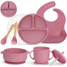 Silikon Baby Geschirr Set 7-teilig mit Saugnapf & Lätzchen Rosa