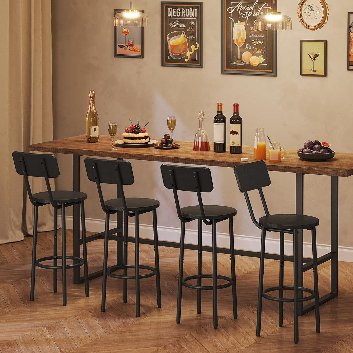 Barhocker Set 2er-Pack mit Rückenlehne & Fußstütze Schwarz