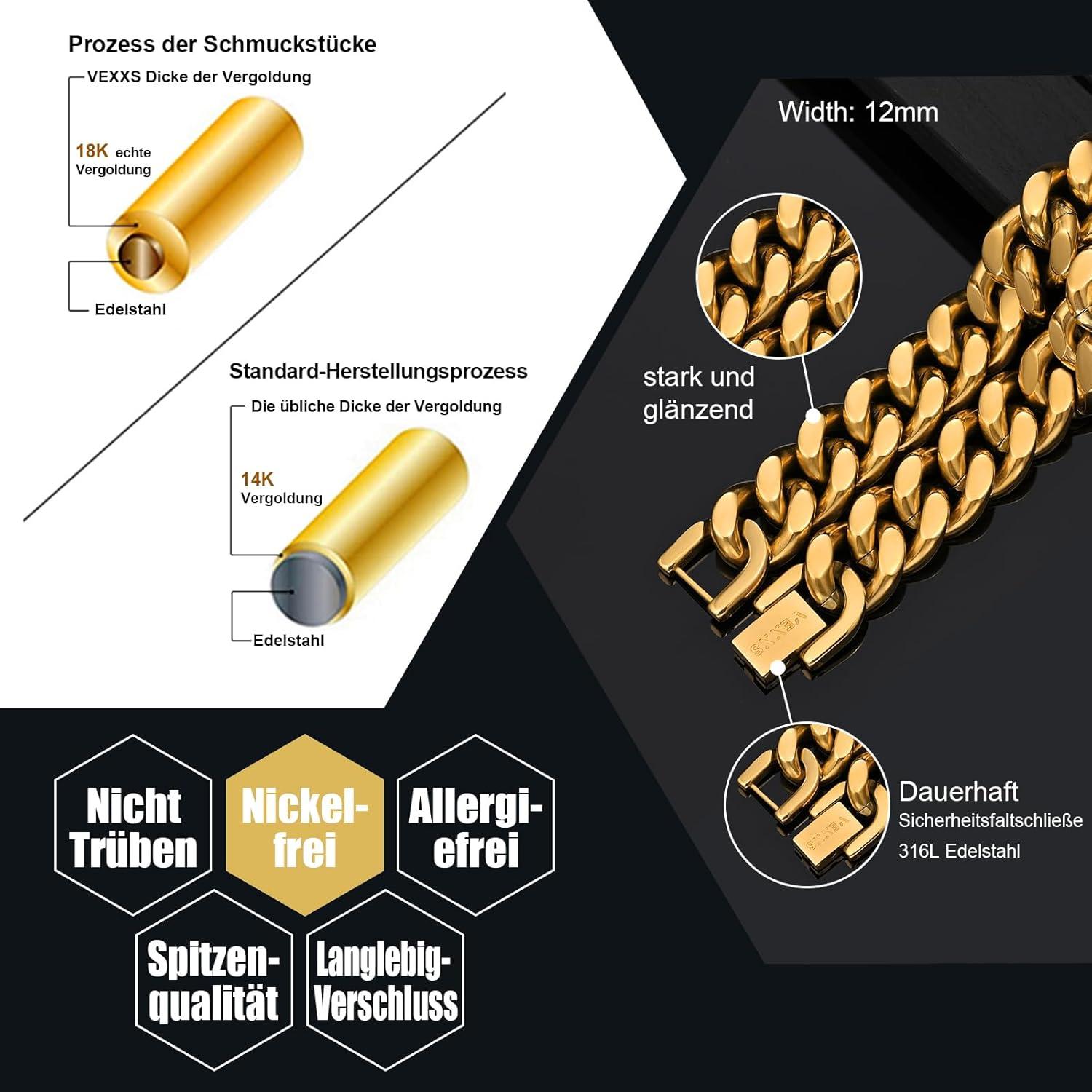 VEXXS Panzerkette Herren 10/12mm Vergoldet Edelstahl