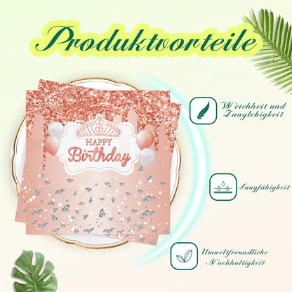 80Stück Happy Birthday Servietten Rosa 33x33cm Party Deko Glamourös