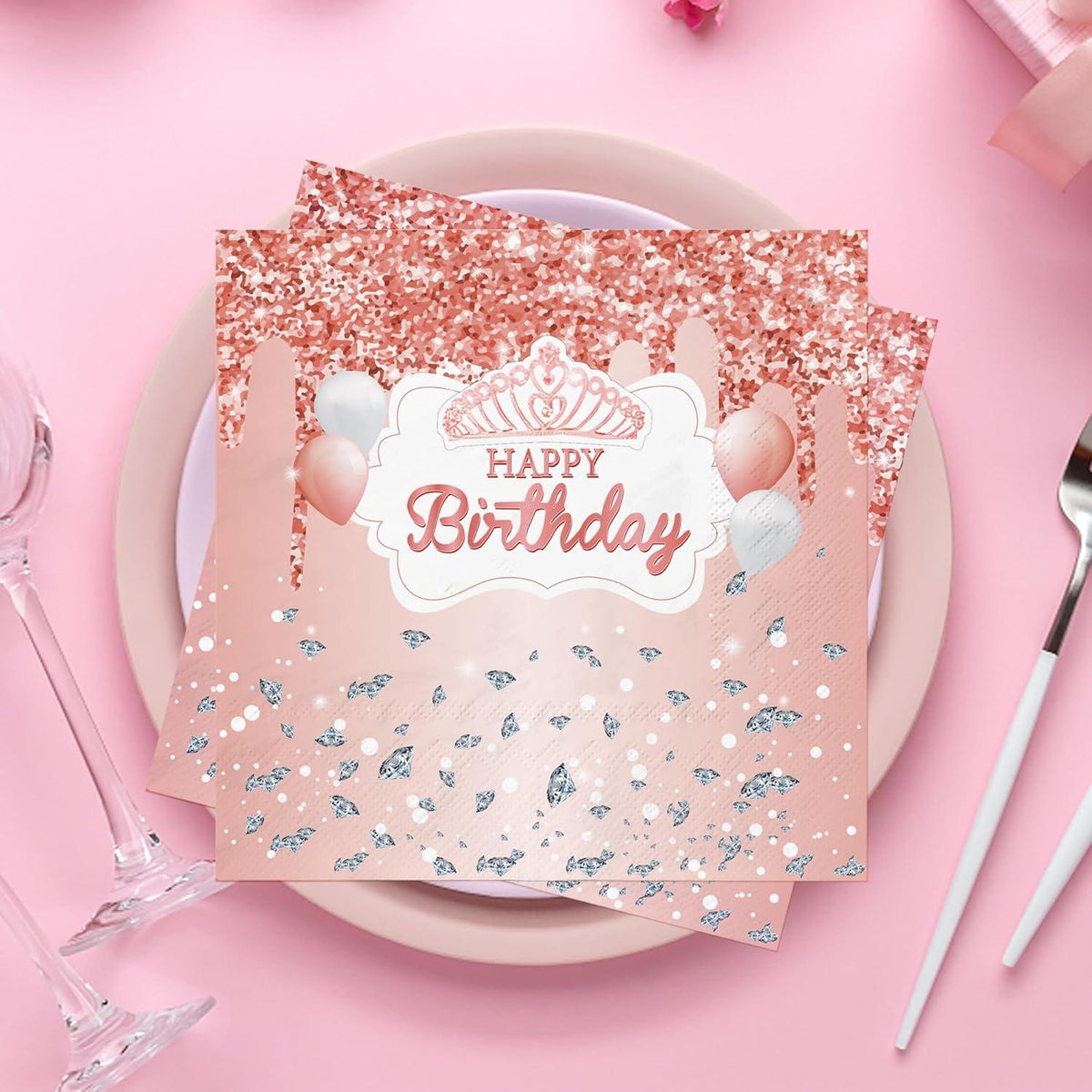 80 Stück Roségold Happy Birthday Servietten 33x33cm - Party Deko für Geburtstag
