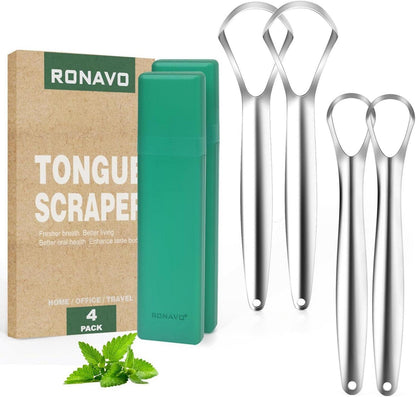 Zungenschaber Edelstahl im Reiseetui, 4er-Pack, ergonomisch, langlebig