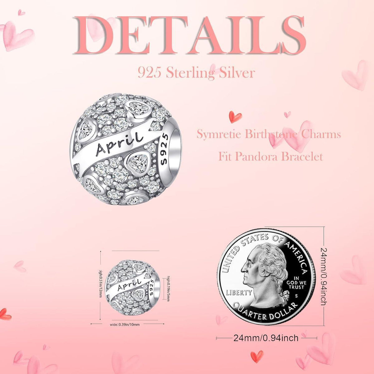 925 Sterling Silber Geburtsstein Charm Anhänger - April Herz Zirkon