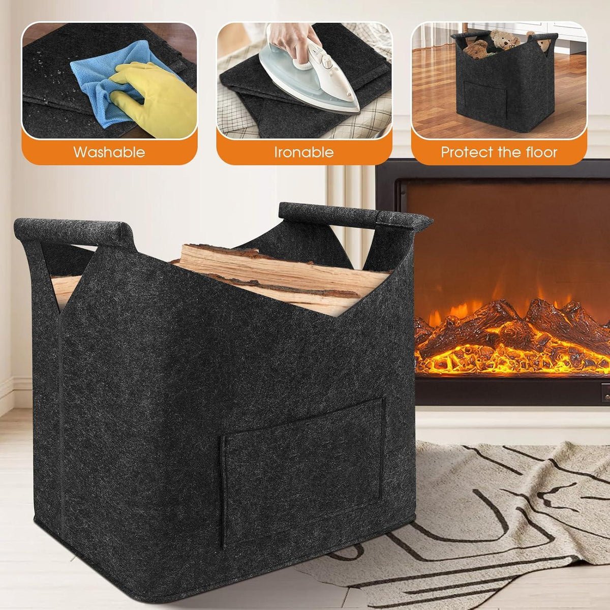 Highsam XL Holzkorb für Kaminholz Filztasche Schwarz-01