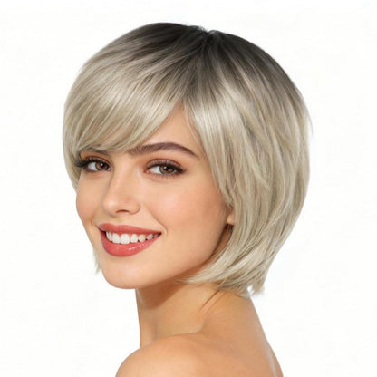 Pixie Cut Perücke Damen Ombre Beige mit Pony & Haarnetz
