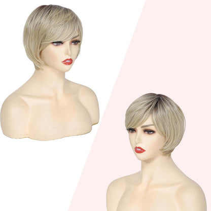 Pixie Cut Perücke Damen Ombre Beige mit Pony & Haarnetz