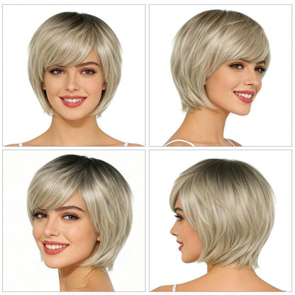 Pixie Cut Perücke Damen Ombre Beige mit Pony & Haarnetz