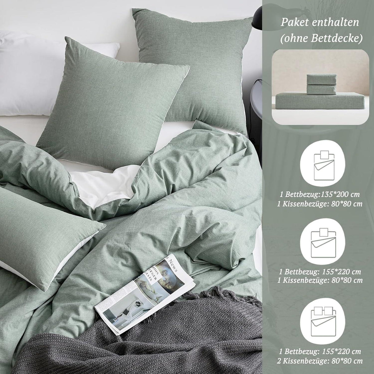 SOULFUL Bettwäsche 220x240 Baumwolle 3tlg LightGreen Stone Washed