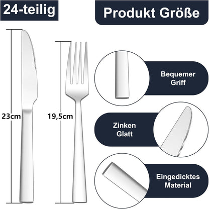 Joyfair Steakbesteck Set 24-teilig für 12 Personen, Edelstahl, spülmaschinenfest