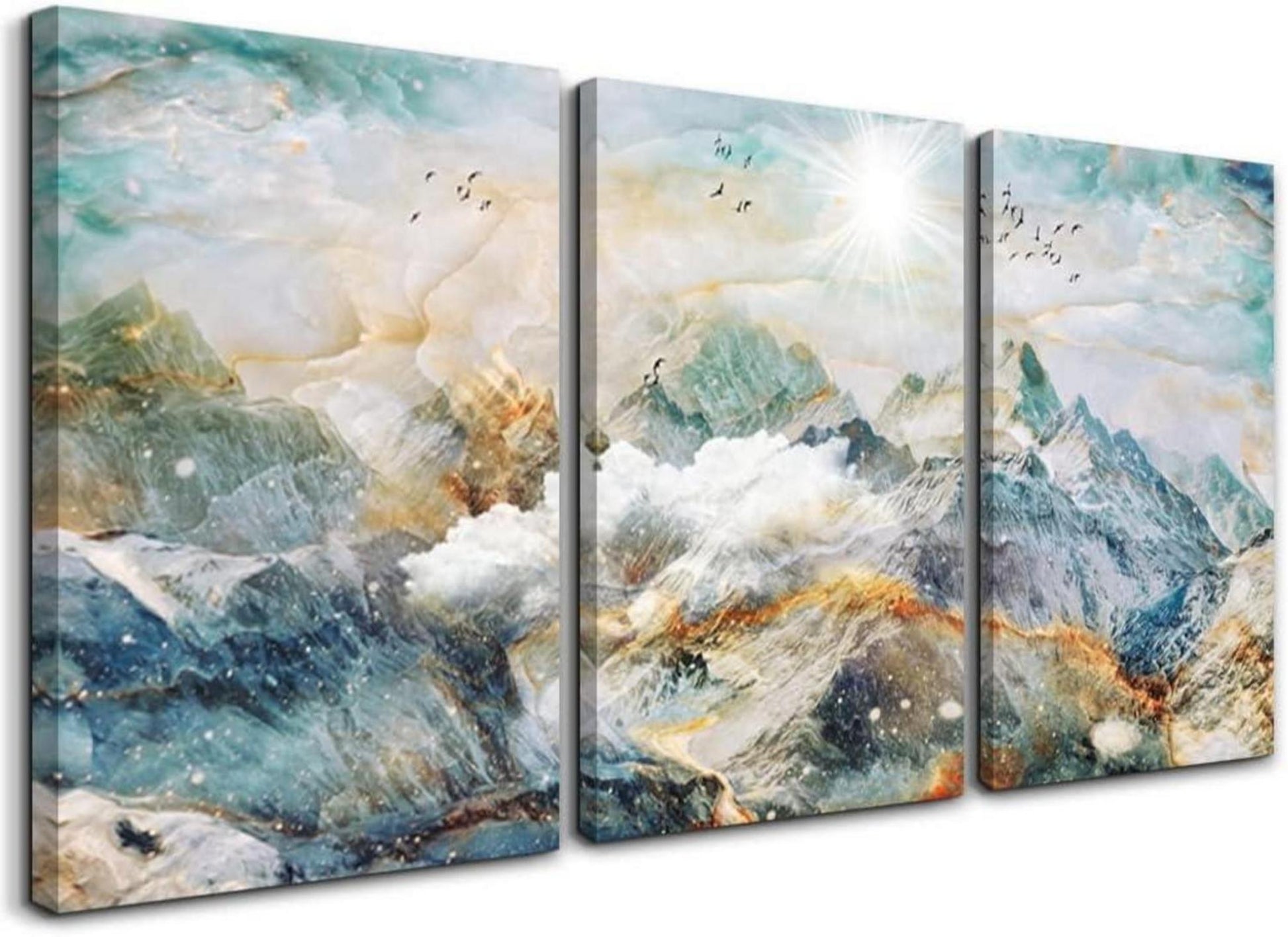 Abstrakte Leinwandgemälde 3er Set Gold Blau Grün 40x30cm