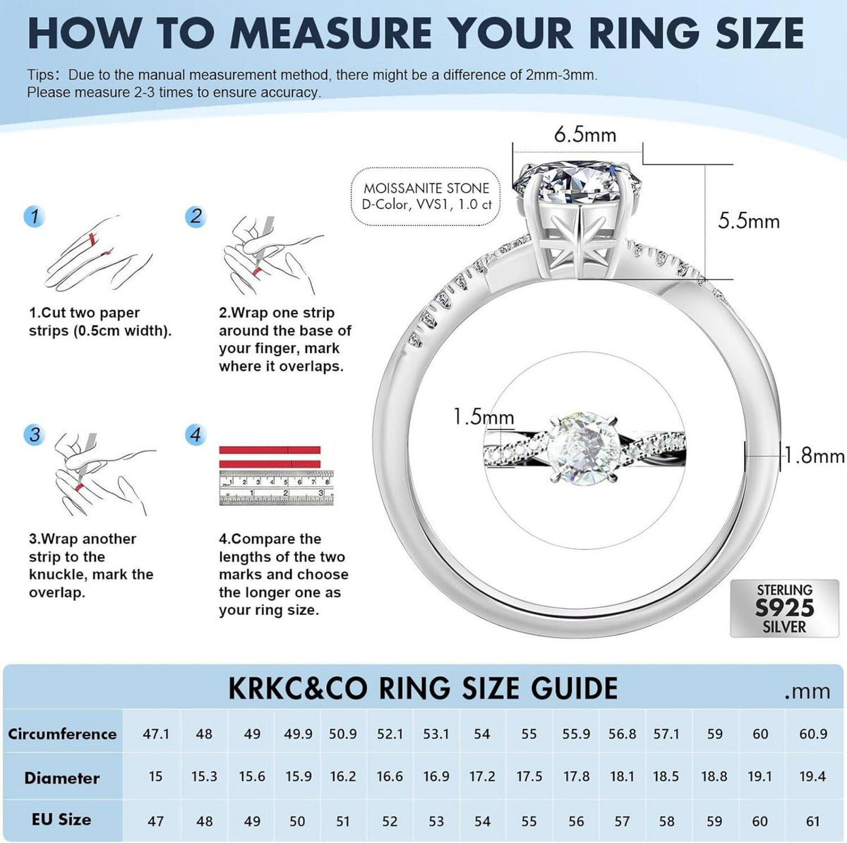 Moissanite Solitärring 1-2 Karat VVS1 D, 925 Silber Weißgold
