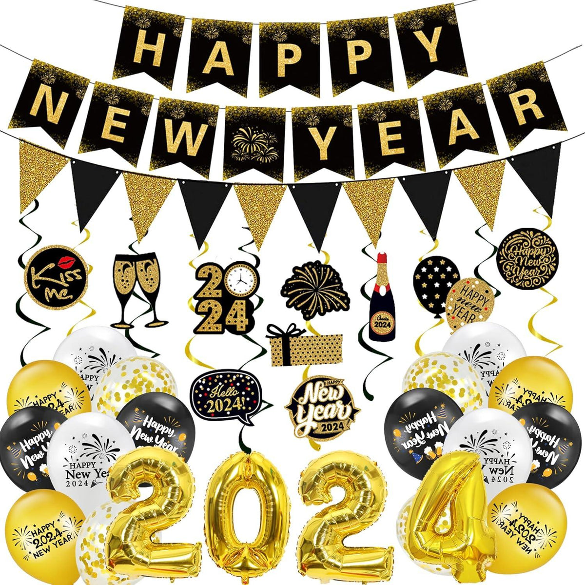 Silvester Deko Set 2024 Happy New Year Banner Luftballons Zigzag