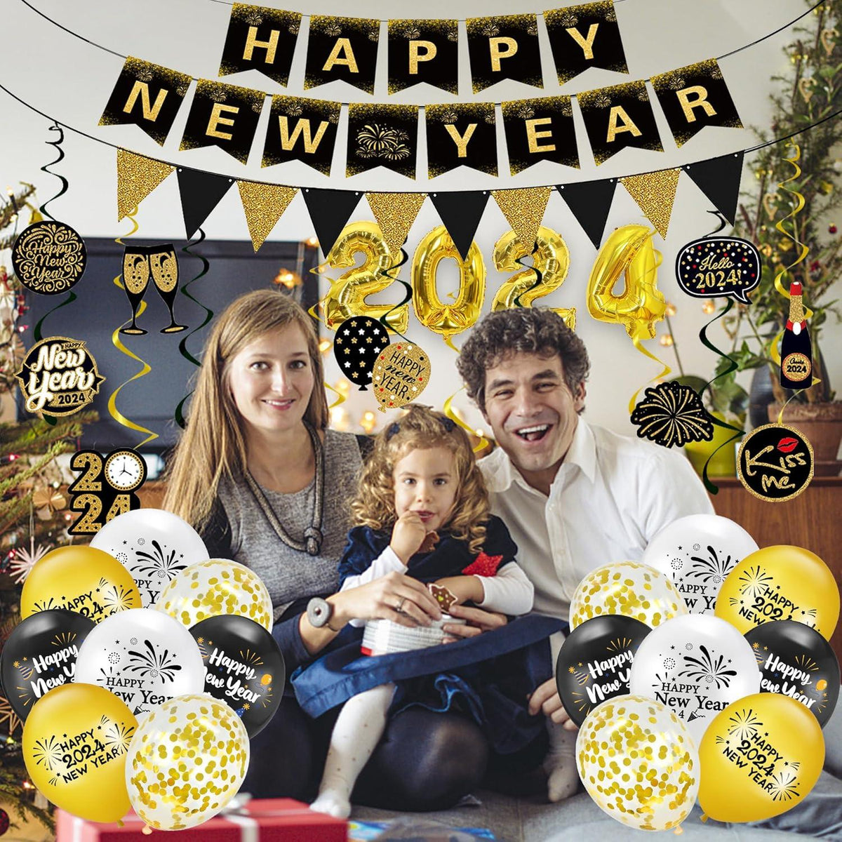 Silvester Dekoration Set 2024 Happy New Year Ballons Banner Girlande