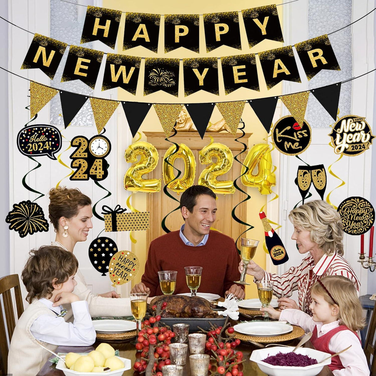 Silvester Dekoration 2024 Happy New Year Ballon Hängende Party Deko