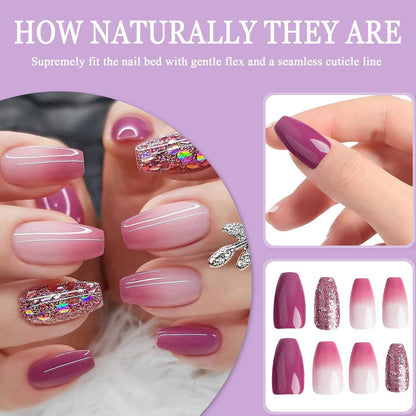 24 Stück Falsche Nägel Lila Farbverlauf Press on Nails Sarg Kurz French Tips Künstliche Nägel Full Cover Kunstnägel Nägel Zum Aufkleben Natürliche