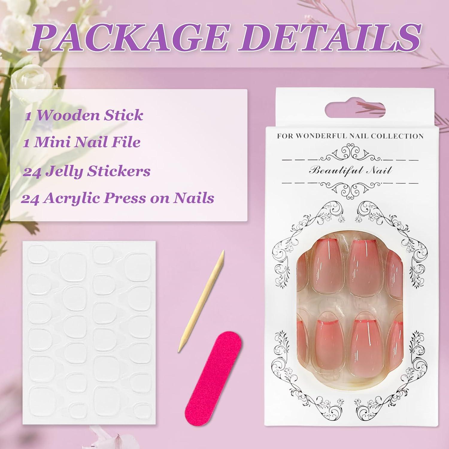 24er Set Rosa Ballerina Nägel Sarg Kurz French Tips Fake Nägel