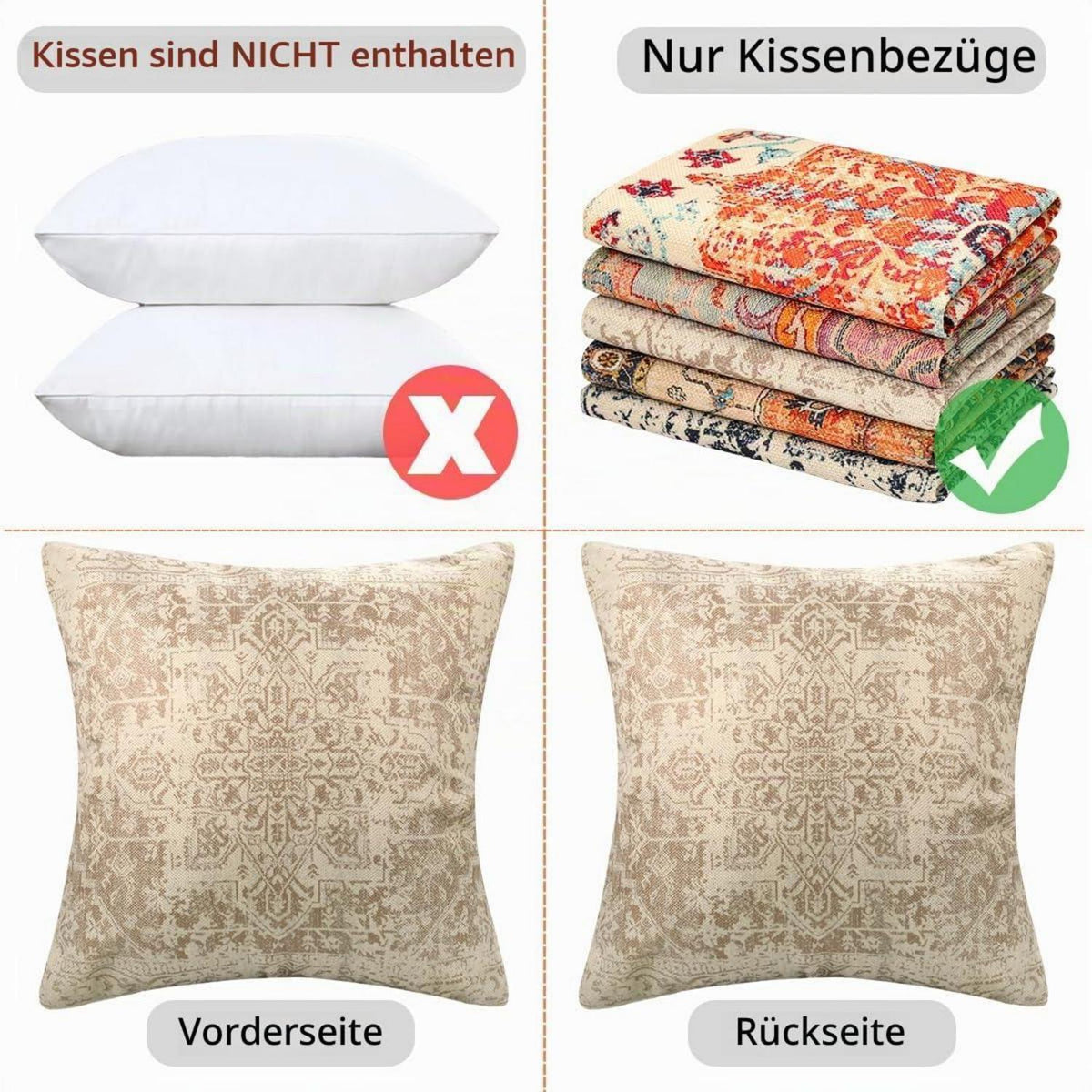 Boho Kissenbezüge 50x50 cm - 2er Set, Beige, Exotische Muster