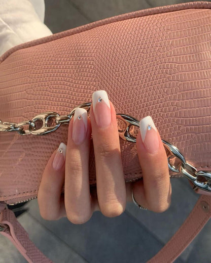 24 Stk. Weiße French Nägel mit Strass, Press on Kunstnägel