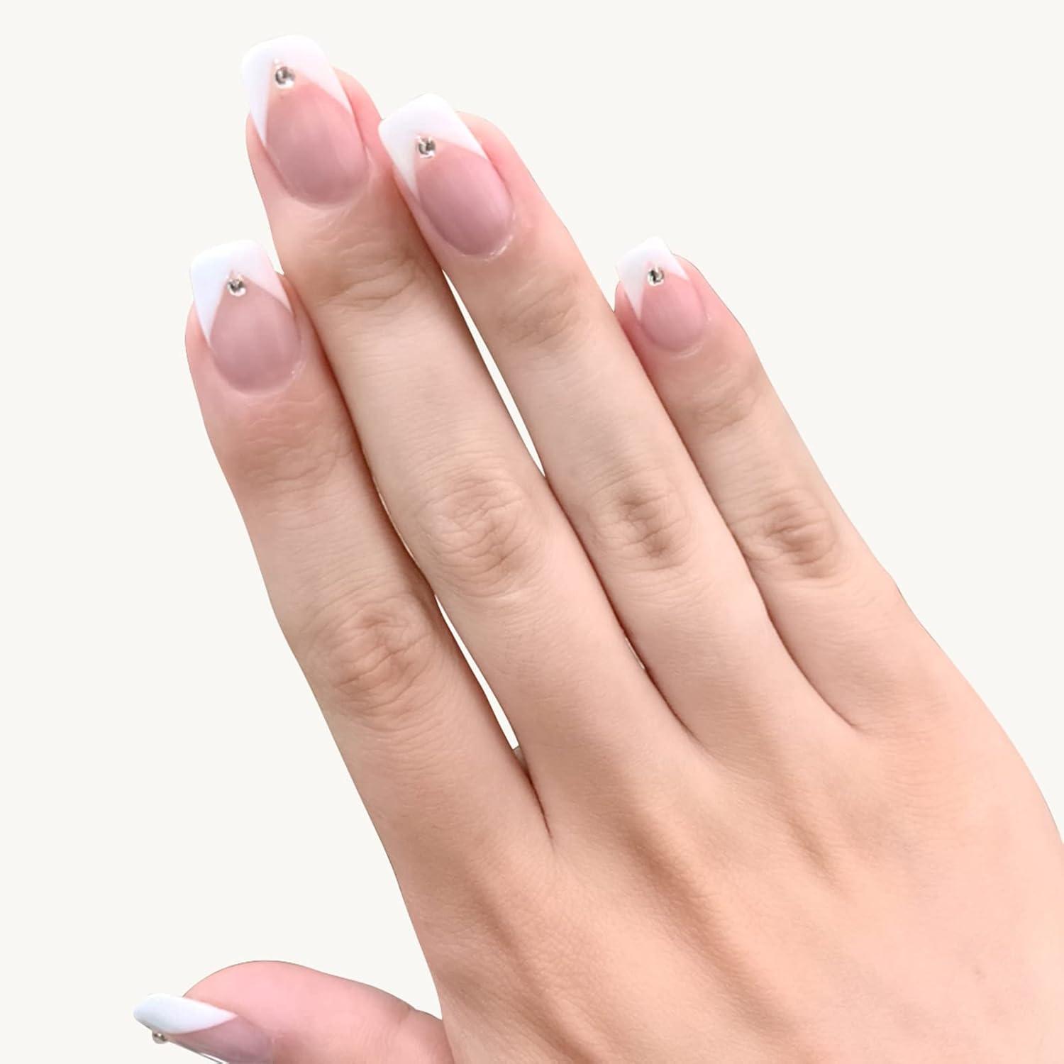 24 Stk. Weiße French Nägel mit Strass, Press on Kunstnägel
