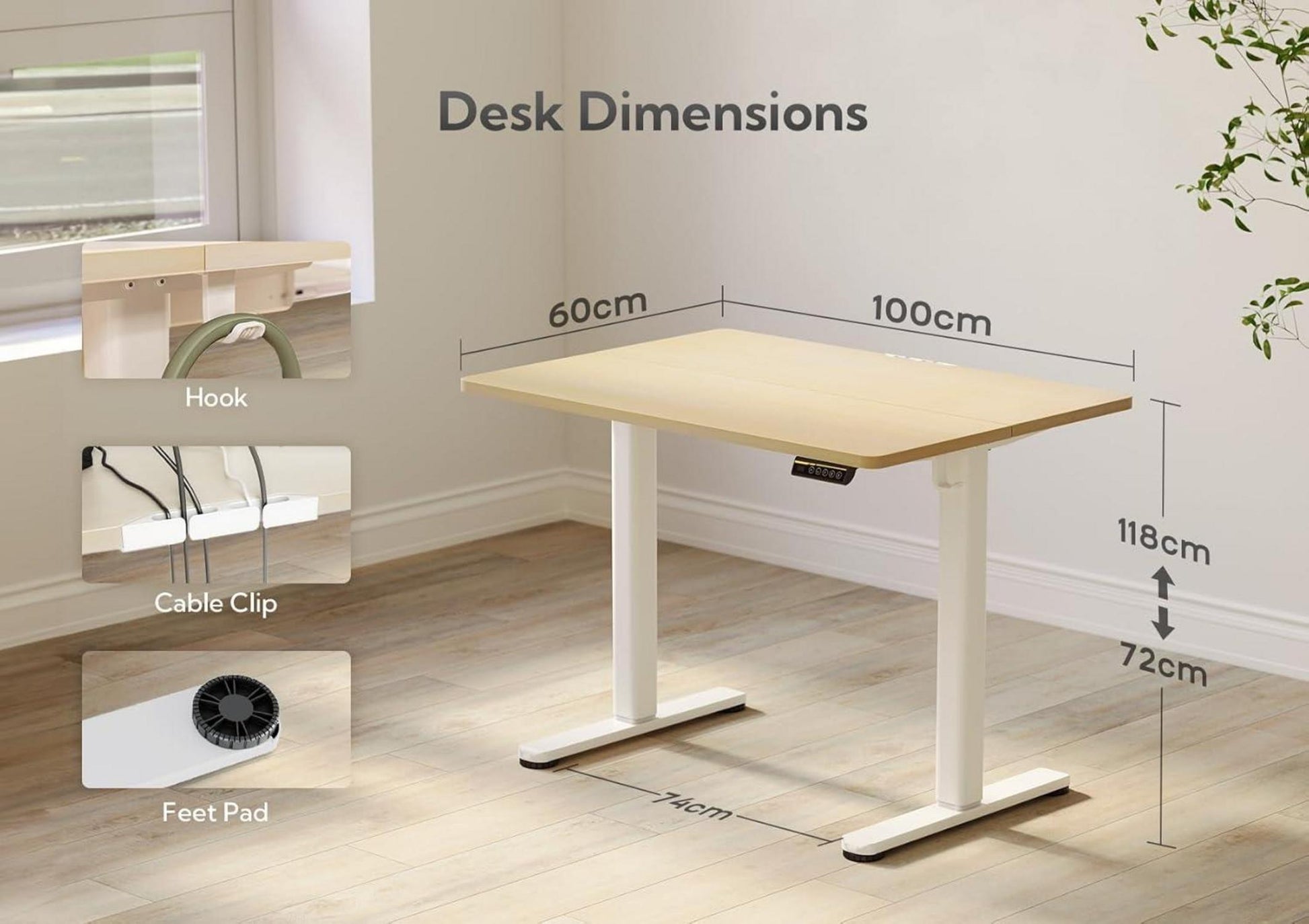 Höhenverstellbarer Schreibtisch 100x60 cm Elektrisch White/Beige