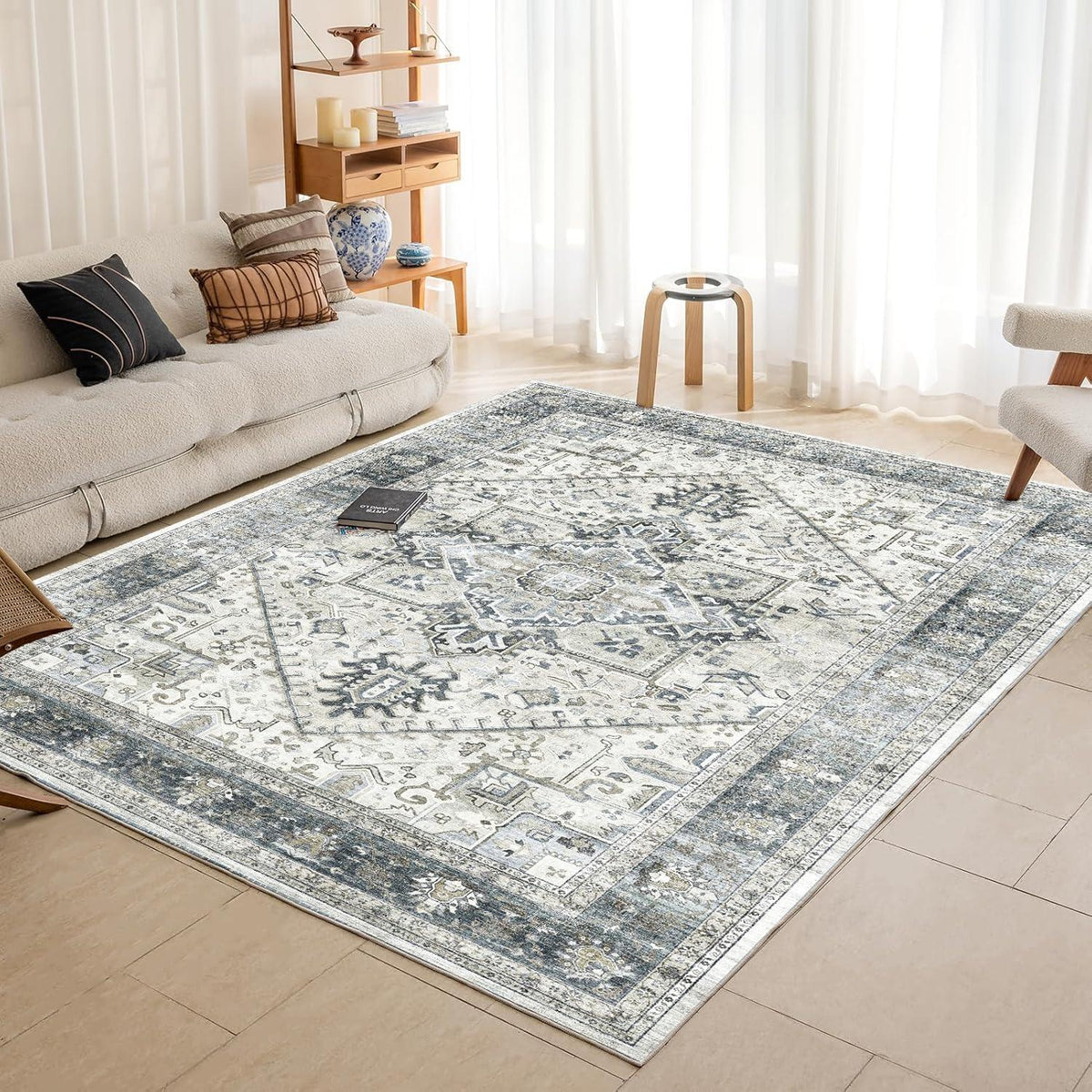 Vintage Orientalischer Teppich Kurzflor Cyanfarben 160x230cm Waschbar