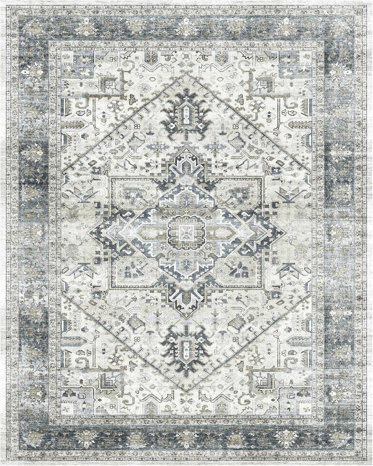 Großer OMERAI Vintage-Teppich 160x230cm Cyan Orientalisch Waschbar