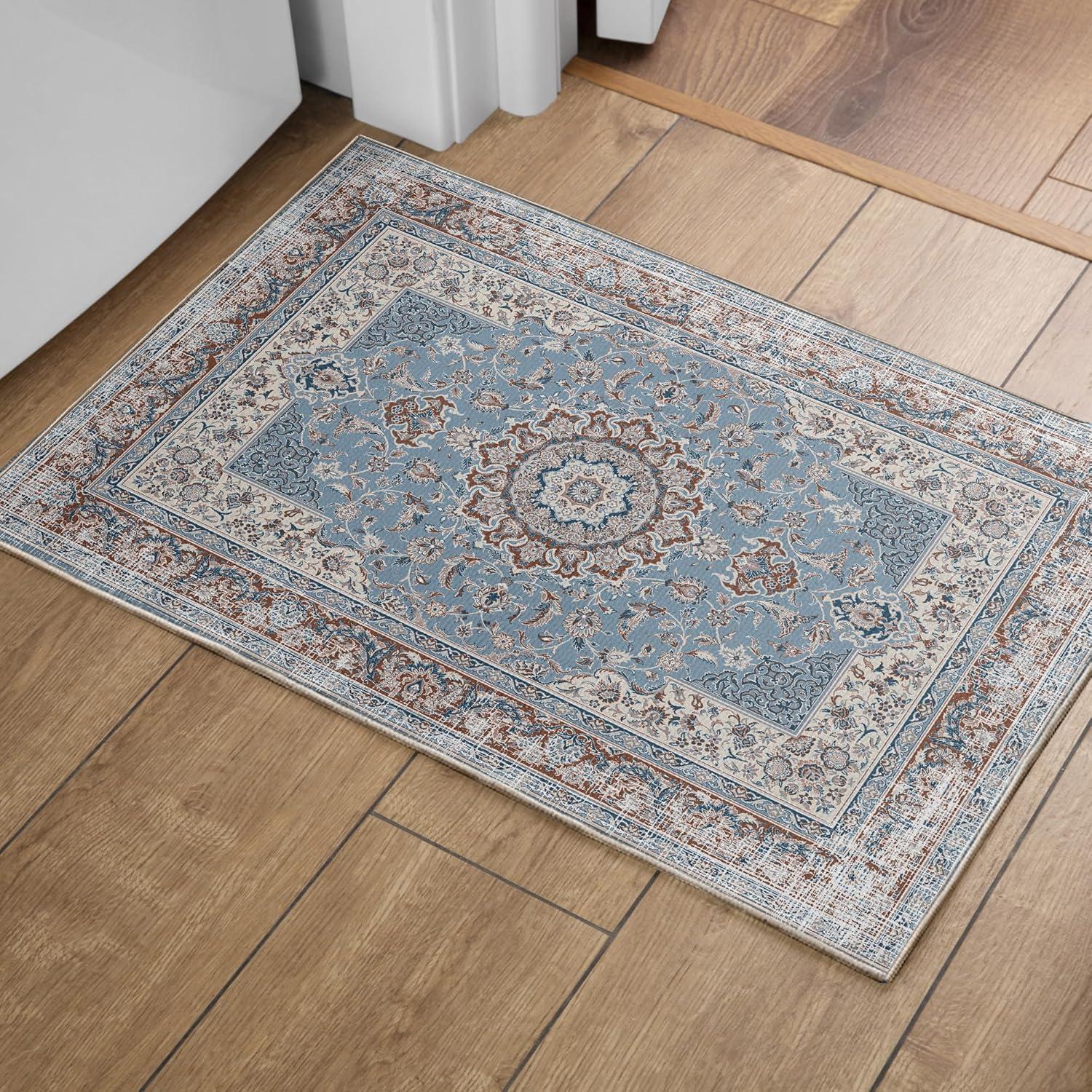 Orientalischer Waschbarer Vintage Teppich Weich Rutschfest Blau