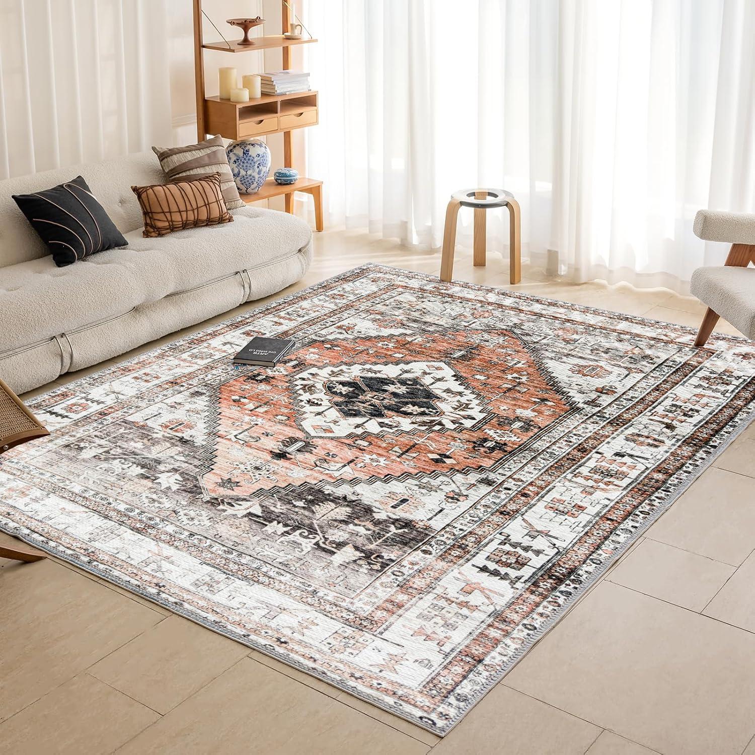Boho Vintage Teppich rutschfest waschbar Orange 80x150cm