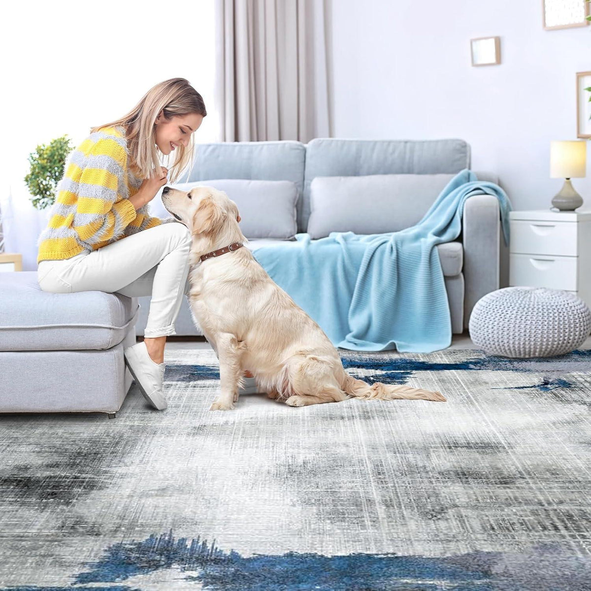 Waschbarer Teppich Wohnzimmer Kurzflor Abstrakt Chic Blau 200x290CM