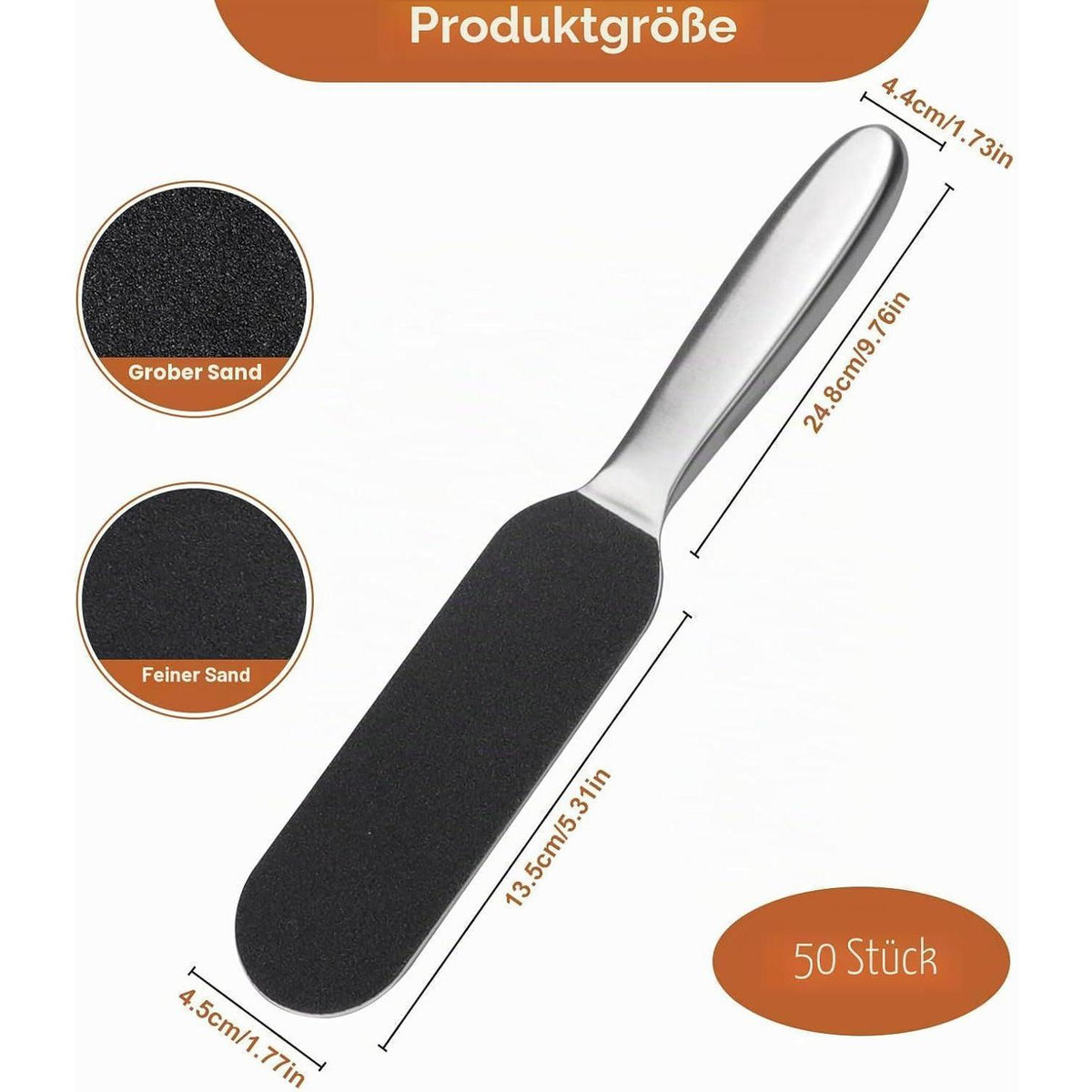 Hornhautfeile Set mit Edelstahlgriff – 50 Pads (25 grob + 25 fein)