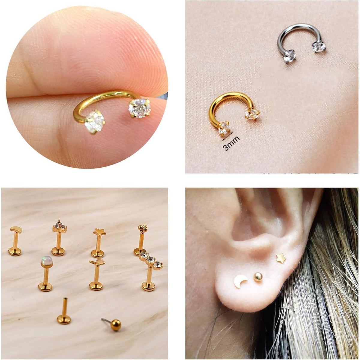 9er Set Labret & Helix Piercing Set Gold 16G Chirurgenstahl