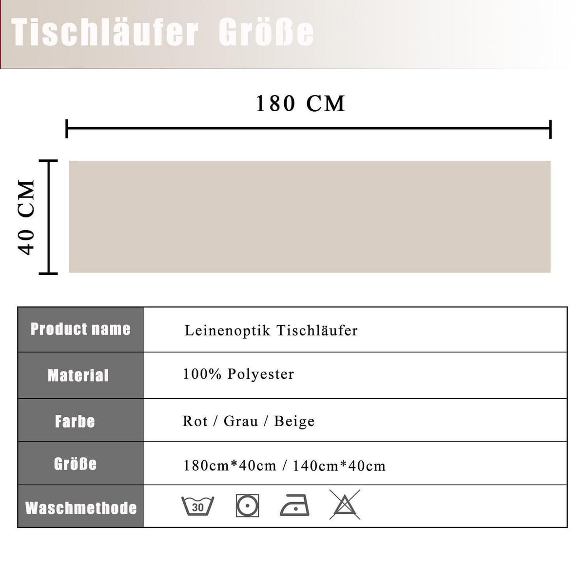 Tischläufer wasserdicht Leinenoptik 40x180 cm Beige