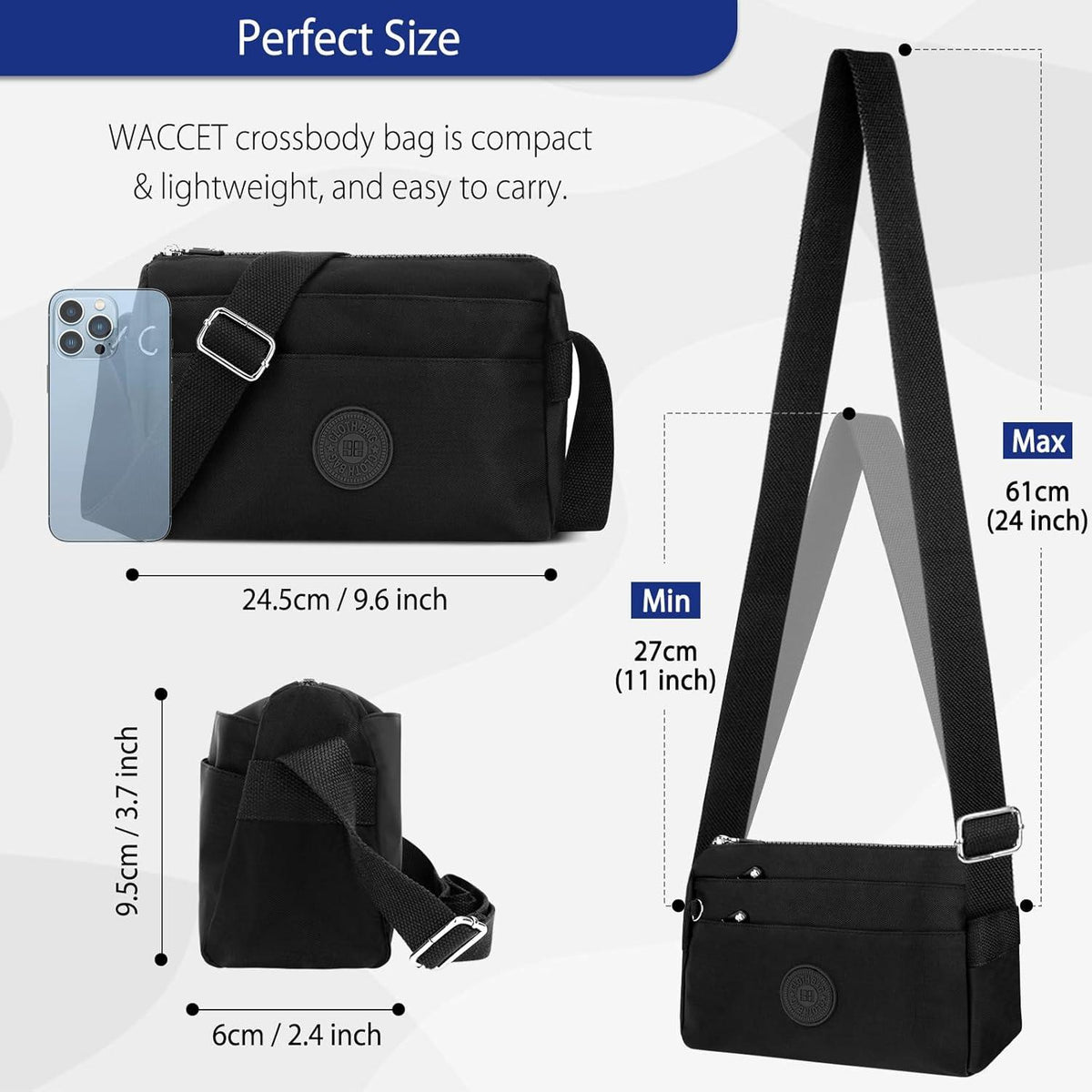 WACCET Kleine Crossbody Tasche Damen Verstellbarer Schultergurt Schwarz