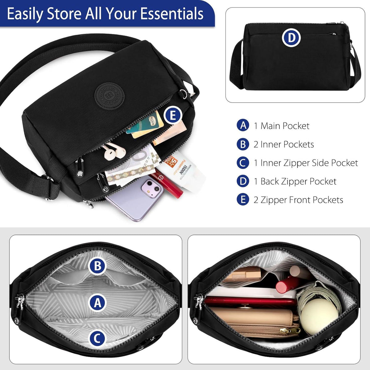 Kleine Umhängetasche Damen Crossbody Bag Verstellbarer Schultergurt Schwarz