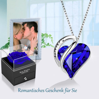 Konservierte Rose mit Saphirblau Herz-Halskette, Geschenkbox