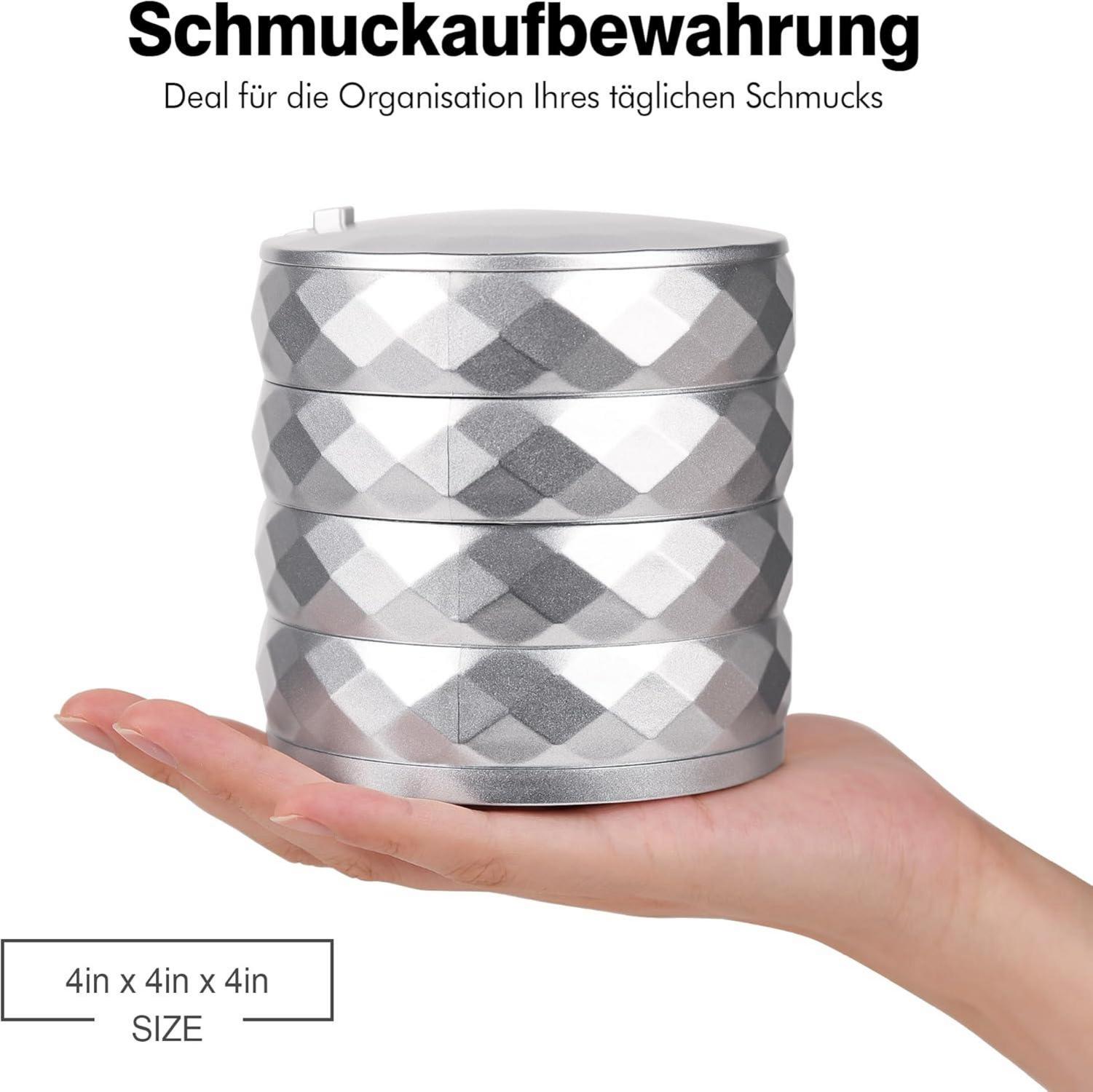 Schmuckkästchen Damen Schmuckaufbewahrung 4 Ebenen Drehbar Silber