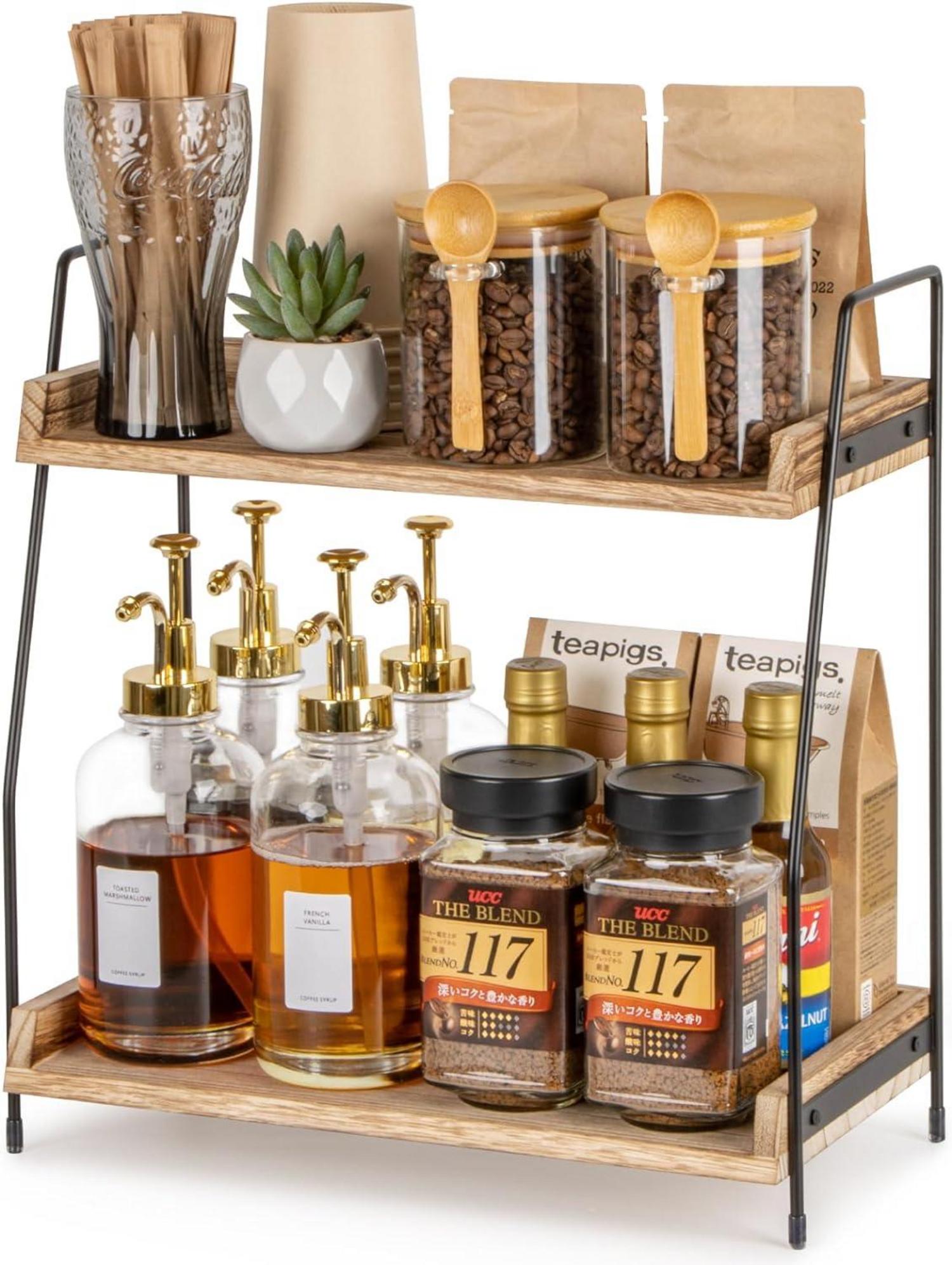 Kaffee Organizer 2-stöckiges Holzregal Braun