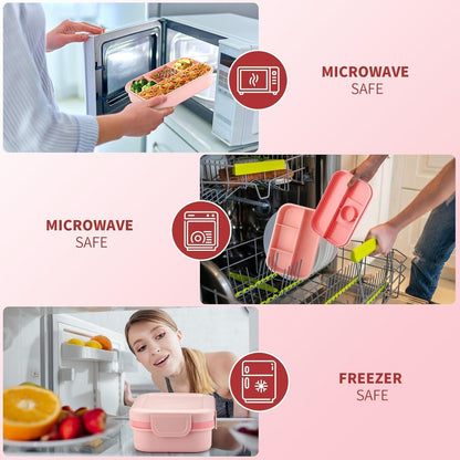 Bento Lunchbox für Erwachsene, 2000ml, 8 Fächer, auslaufsicher, mit Besteck, Rose
