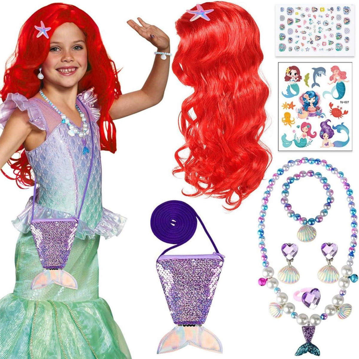 Meerjungfrau Prinzessin Kostüm Set mit Perücke & Accessoires