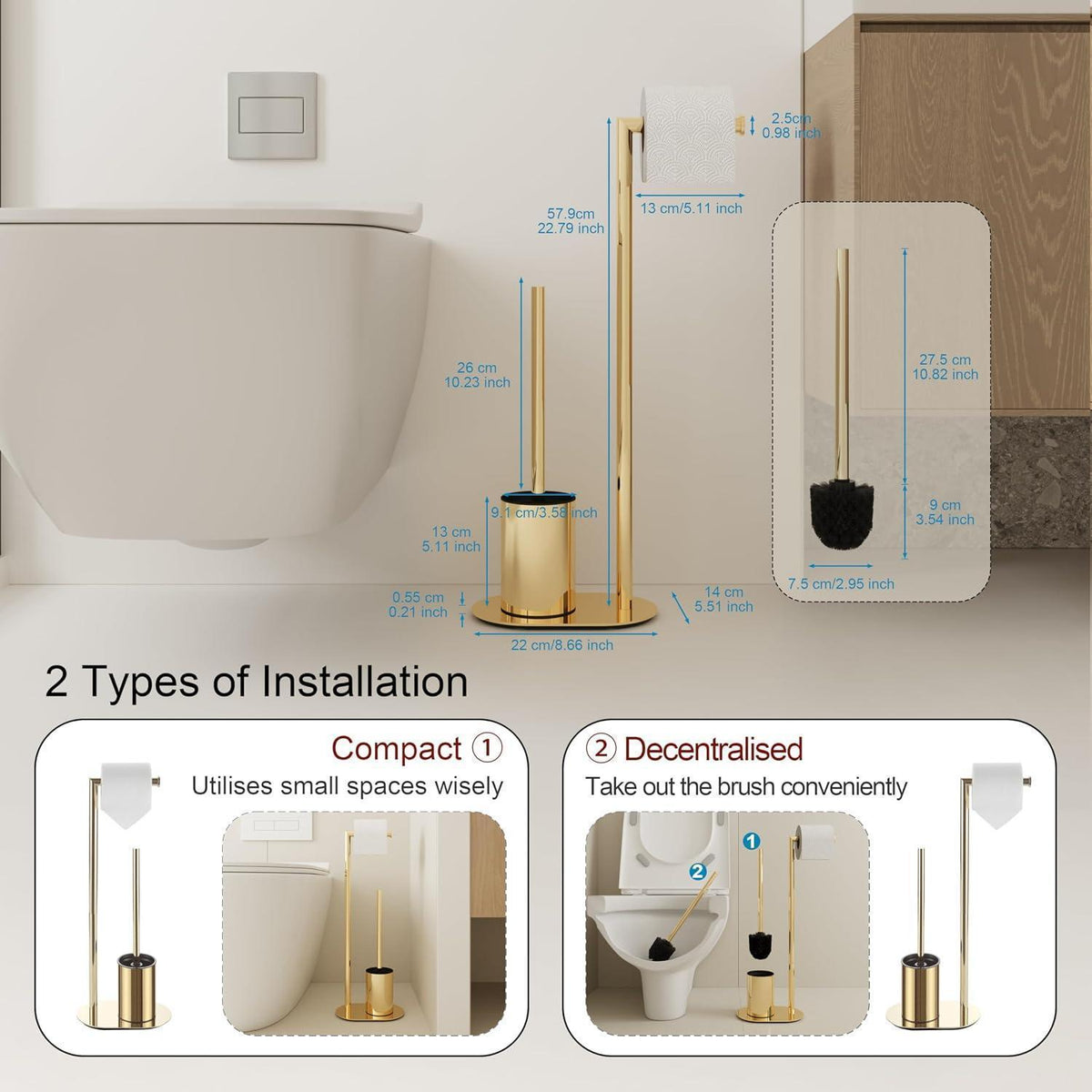 WC Garnitur Gold – Edelstahl Toilettenpapierhalter & Bürste