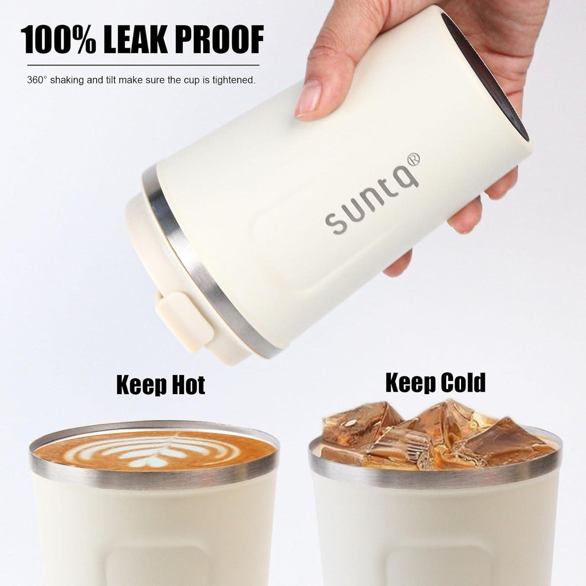 SUNTQ Kaffeebecher to go Edelstahl Thermobecher Doppelwand Isoliert Elfenbein 380ml